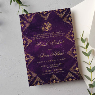 Invitación Morado y oro Ornate Motif Boda musulmán islámico