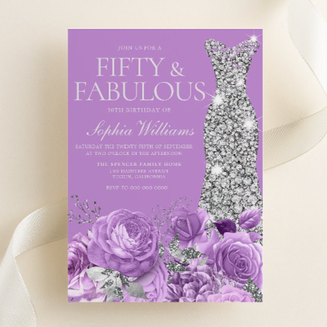 Invitación Morado y Plata Cincuenta y fabuloso cumpleaños núm (Subido por el creador)