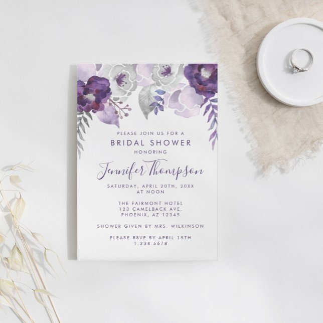 Invitación Morado y plateado acuarela Floral Bridal Shower (Subido por el creador)