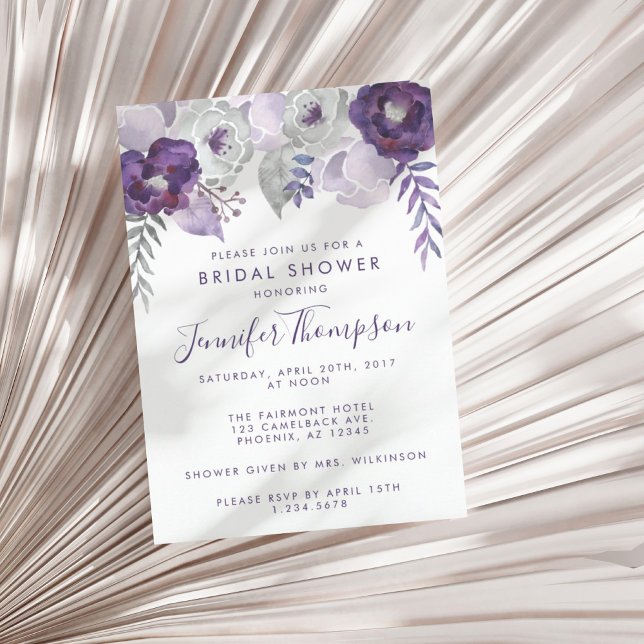 Invitación Morado y plateado acuarela Floral Bridal Shower (Purple and Silver Watercolor Floral Bridal Shower Invitation)