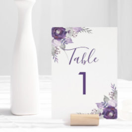 Invitación Morado y plateado acuarela número de tabla floral
