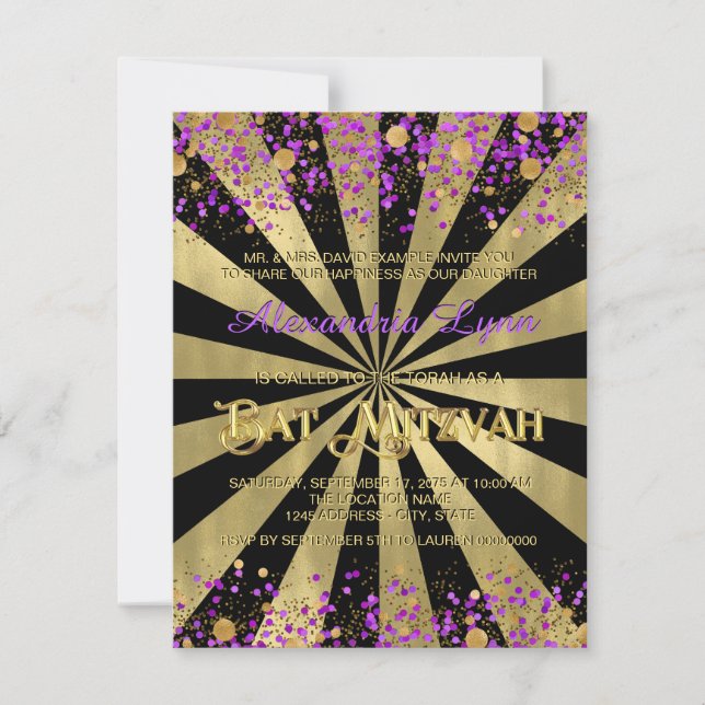 Invitación Morado y Relieve metalizado dorado Bat Mitzvah (Anverso)