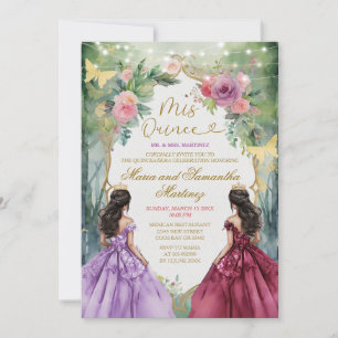 Invitación Morado y Rojo Gemelas Princesa de Piel Oscura Mis 