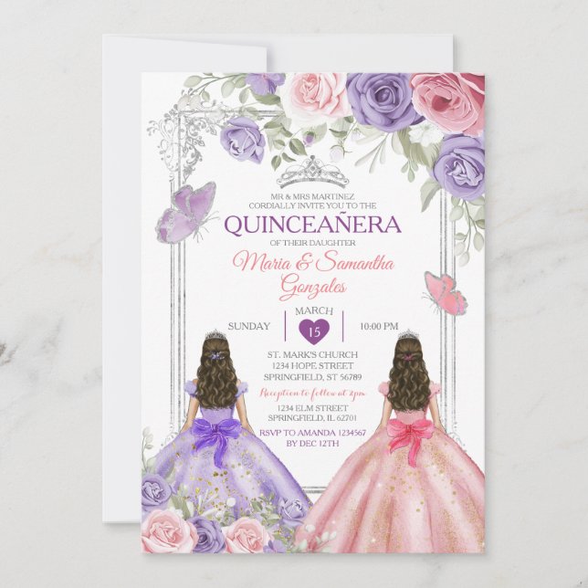 Invitación Morado Y Rosa De La Princesa Gemela De Plata (Anverso)