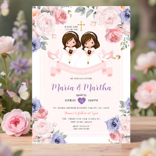 Invitación Morado y Rosa TWIN Niña Primera Comunión Floral