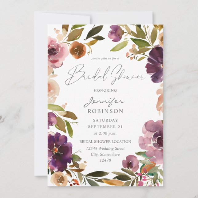 Invitación Morado y Rubor Floral rosa ducha de novia V2 grand (Anverso)
