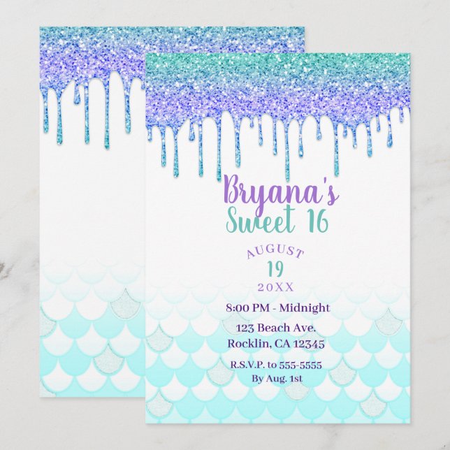 Invitación Morado y Verde azulado Aqua Purpurina Drip Mermaid (Anverso / Reverso)