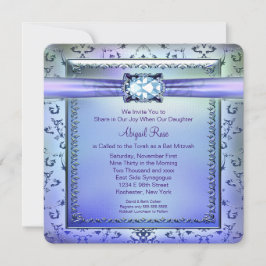 Invitación Morado y Verde azulado Blue Bat Mitzvah