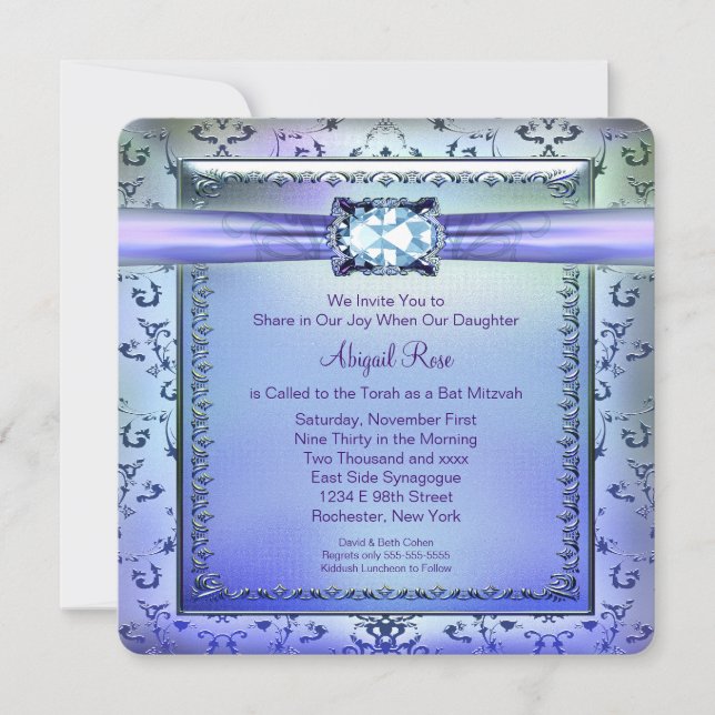 Invitación Morado y Verde azulado Blue Bat Mitzvah (Anverso)
