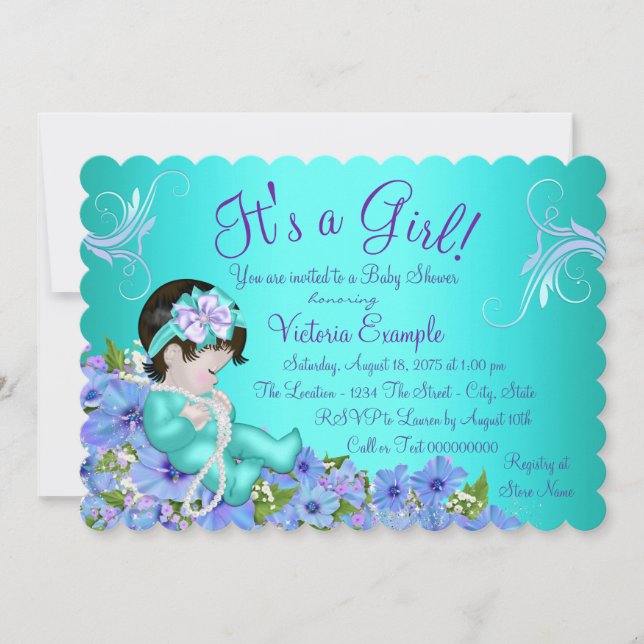Invitación Morado y Verde azulado Blue Floral Baby Shower (Anverso)