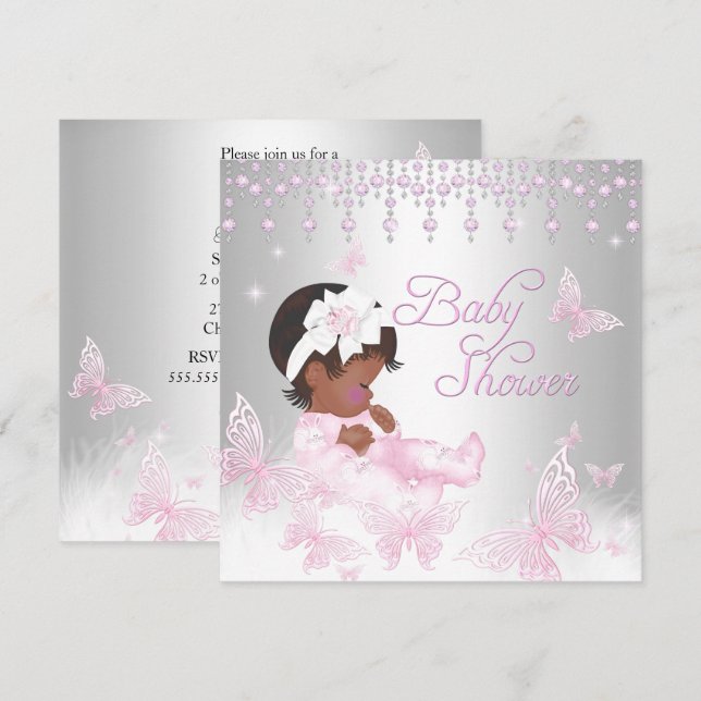 Invitación Moral de mariposa de plata rosada Baby Shower (Anverso / Reverso)