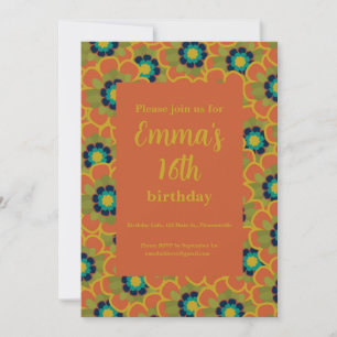 Invitación Morelia Flores Retro Patrón Floral Naranja Quemada