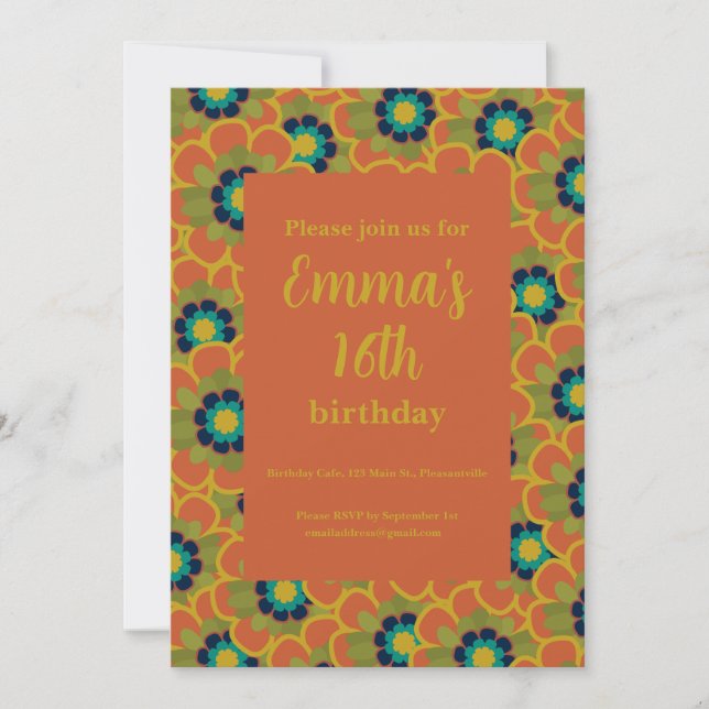 Invitación Morelia Flores Retro Patrón Floral Naranja Quemada (Anverso)