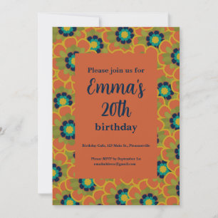 Invitación Morelia Flores Retro Patrón Floral Naranja Quemada