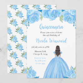 Invitación Moreno Princesa Azul Floral Quinceanera