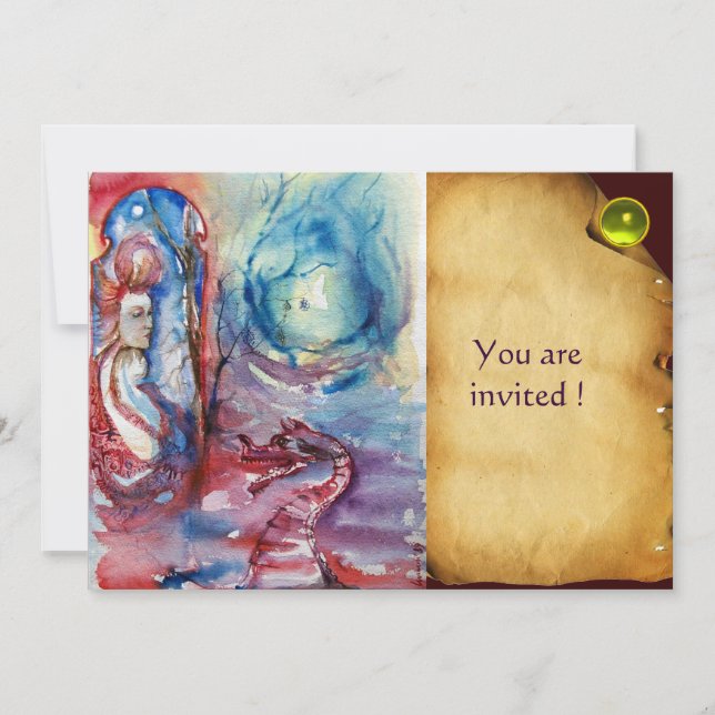 Invitación MORGANA Lady y Dragon pergamino amarillo (Anverso)