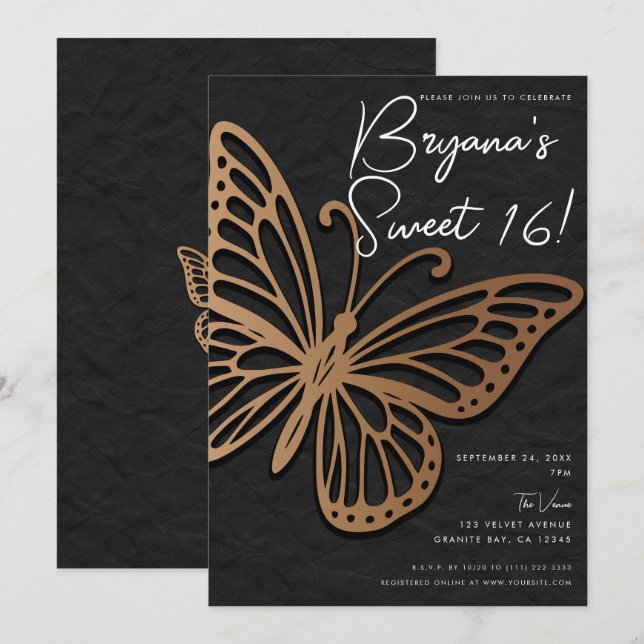 Invitación Morillo de miel Boho negro mariposa dulce 16 (Anverso / Reverso)