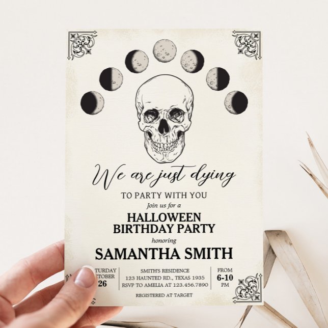 Invitación Morir al Fiesta Skull Halloween Fiesta de cumpleañ (Dying to Party Skull Gothic Halloween Birthday Party Invitation)