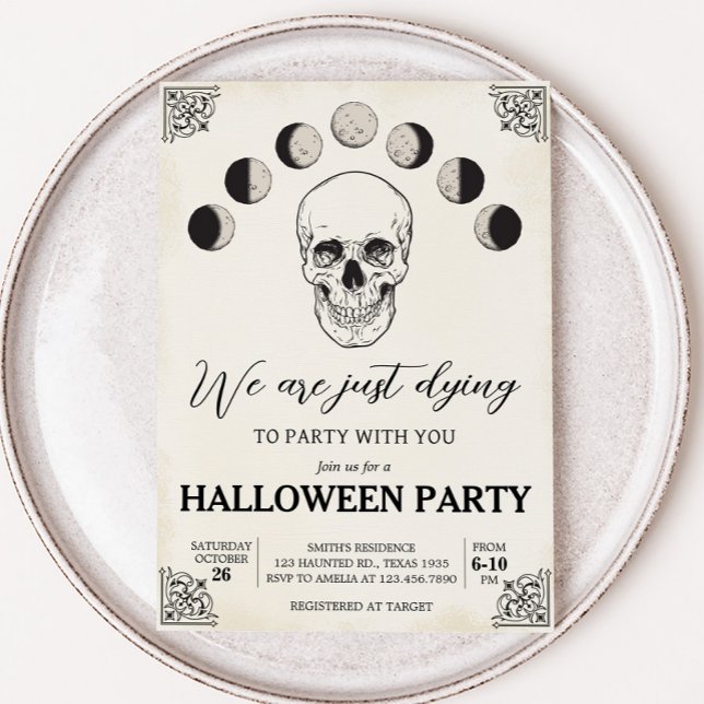 Invitación Morir en la fiesta de Halloween de la Fiesta Skull (Dying to Party Gothic Skull Halloween Party Invitation)