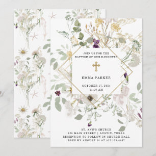 Invitación Morning Wildflowers Bautismo geométrico de oro
