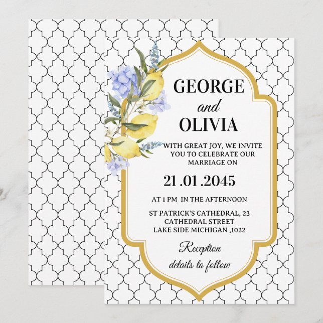Invitación Moroccan Pattern Mediterranean Lemon Wedding (Anverso / Reverso)