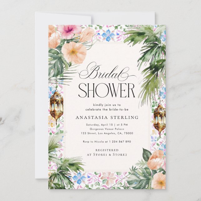 Invitación Moroccan Tile Palm Tree & Hibiscus Bridal Shower  (Anverso)
