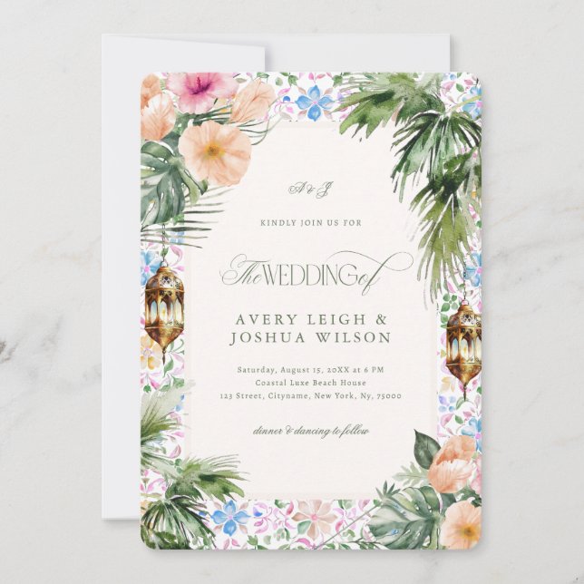 Invitación Moroccan Tile Tropical Hibiscus Wedding (Anverso)