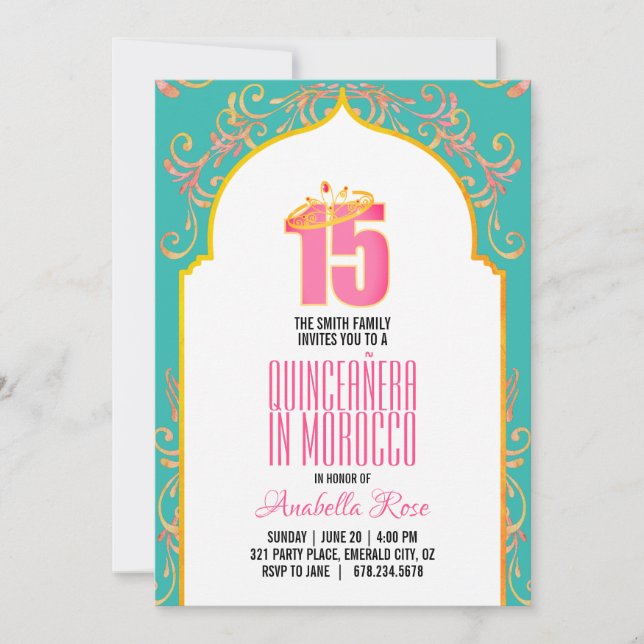 Invitación Morocco INGLÉS QUINCEAÑERA noches arabias PINK AQ (Anverso)