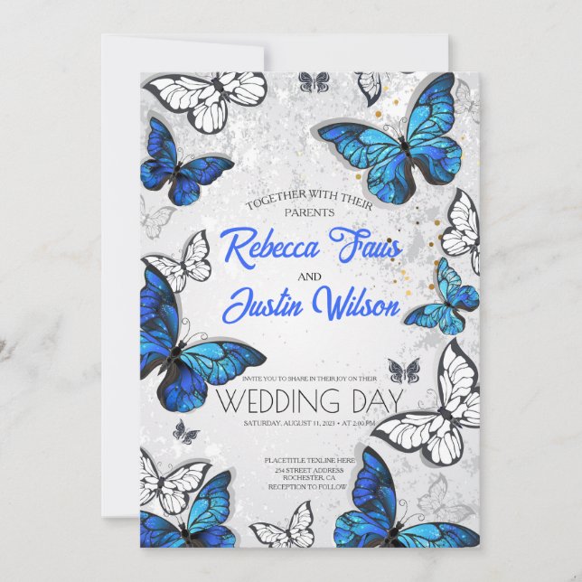 Invitación Morpho Monarch de mariposas azules y blancas (Anverso)