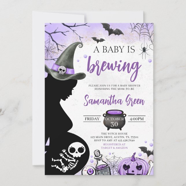 Invitación Morple Baby prepara Baby Shower en Halloween (Anverso)