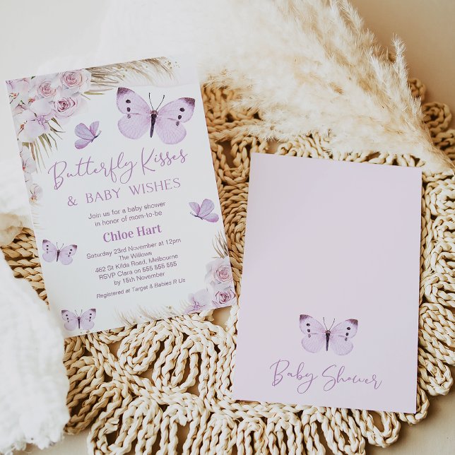Invitación Morple Boho Floral Butterfly besa Baby Shower (Purple Butterflies Baby Shower Invite Girl, Boho Floral Butterfly Kisses Invitations Online Editable)