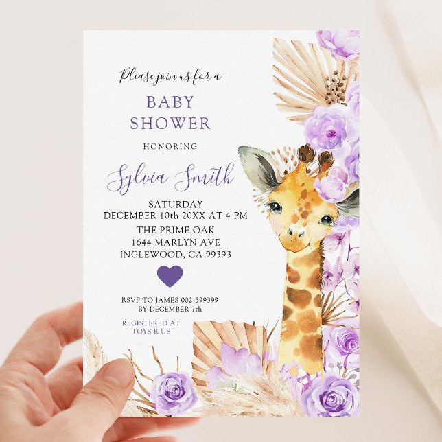 Invitación Morple Boho Floral Giraffe Chica Baby Shower (Subido por el creador)