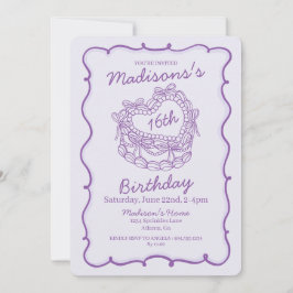 Invitación Morple Bow Sweet 16 Heart Coquette Cake Cumpleaños