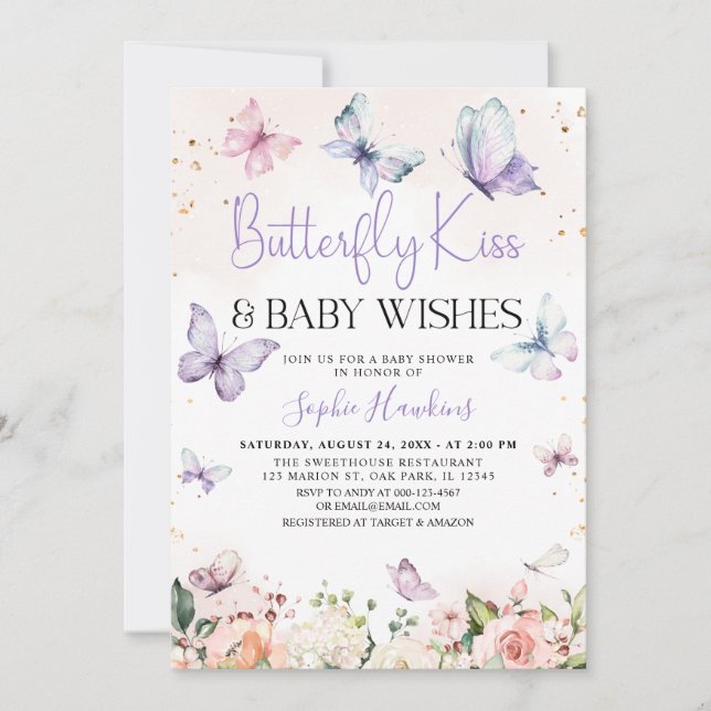 Invitación Morple Butterfly besa a bebé niña Baby Shower (Anverso)