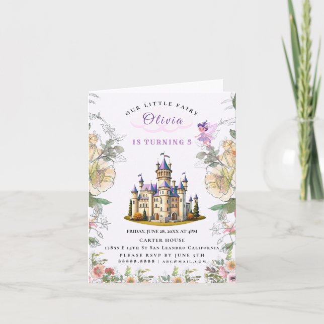 Invitación Morple Castle Fairytale tema del cumpleaños con ha (Anverso)