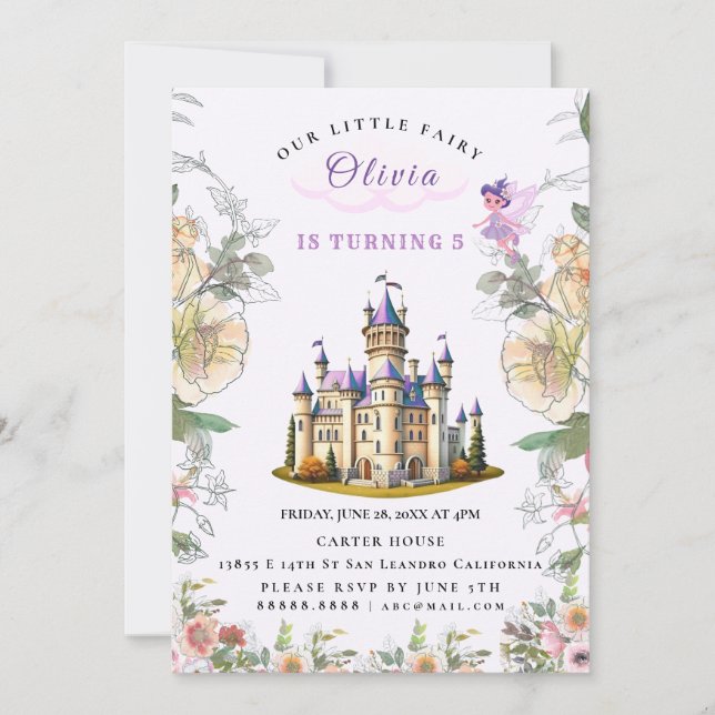 Invitación Morple Castle Fairytale tema del cumpleaños con ha (Anverso)