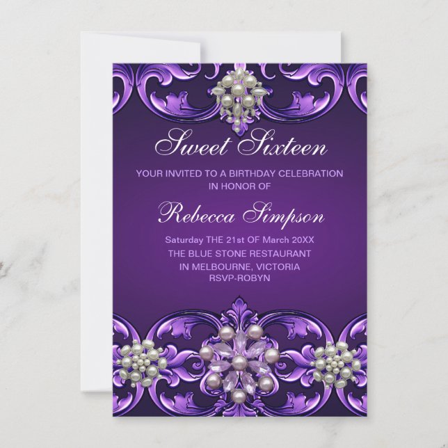 Invitación Morple Damask & Pearl Sweet 16 Invite de cumpleaño (Anverso)