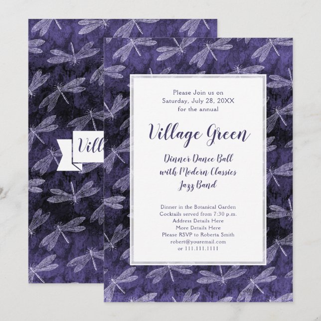 Invitación Morple Dragonflies Noche de Verano Elegante Fiesta (Anverso / Reverso)