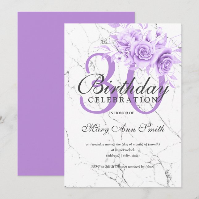 Invitación Morple Floral 30 cumpleaños Fiesta Marble (Anverso / Reverso)