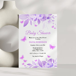 Invitación Morple Floral Baby Girl Butterfly Baby Shower