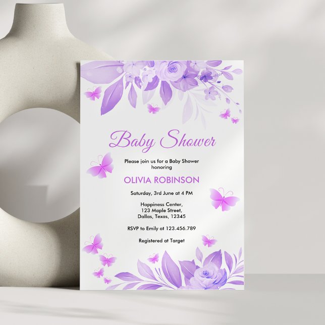 Invitación Morple Floral Baby Girl Butterfly Baby Shower (Purple Floral Baby Girl Butterfly Baby Shower Invitation )