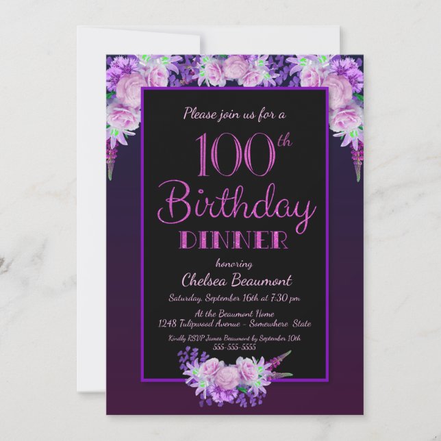 Invitación Morple Floral Black 100th Birthday Dinner Fiesta (Anverso)