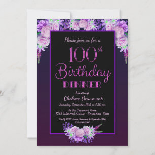 Invitación Morple Floral Black 100th Birthday Dinner Fiesta