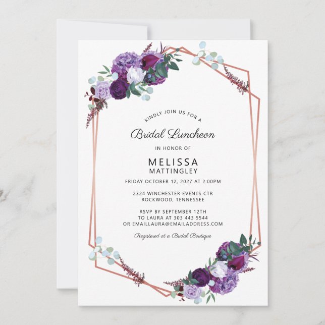 Invitación Morple Floral Bridal Shower Luncheon (Anverso)