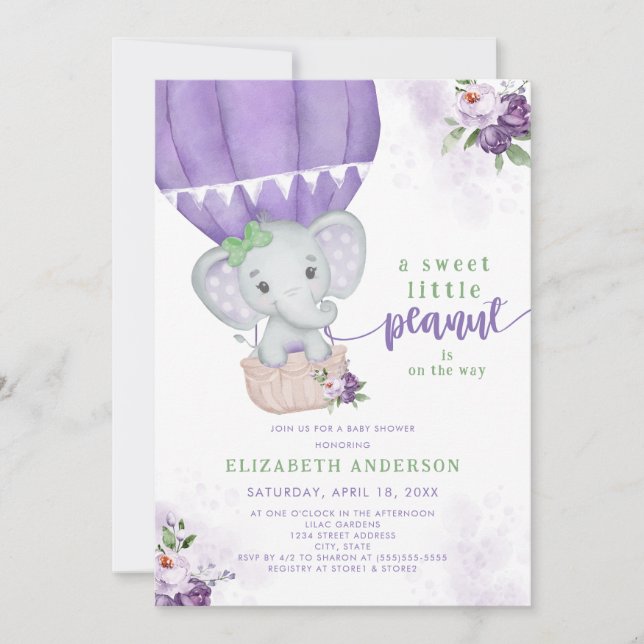 Invitación Morple Floral Hot Air Balloon Elephant Baby Shower (Anverso)