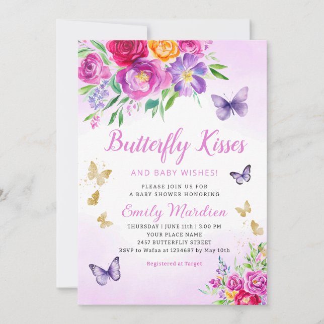 Invitación Morple Floral mariposa besa Chica Baby Shower (Anverso)