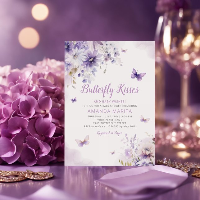Invitación Morple Floral mariposa besa Chica Baby Shower (Subido por el creador)
