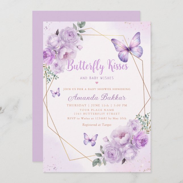 Invitación Morple Floral mariposa besa Chica Baby Shower (Anverso / Reverso)