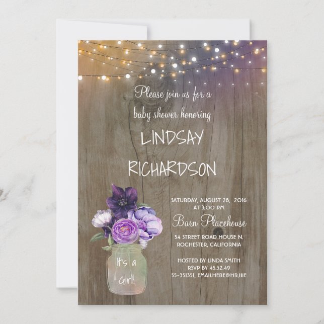 Invitación Morple Floral Mason Jar Rustic Barn Baby Shower (Anverso)