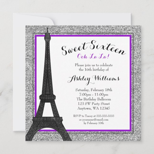 Invitación Morple Glam Paris Tema Faux Purpurina Sweet 16 (Anverso)